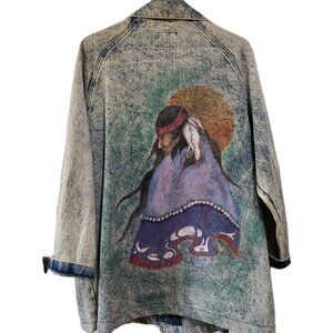 Sundance Hand Painted Denim Jacket Vintage L Long Acid Washed Southwest Art USA